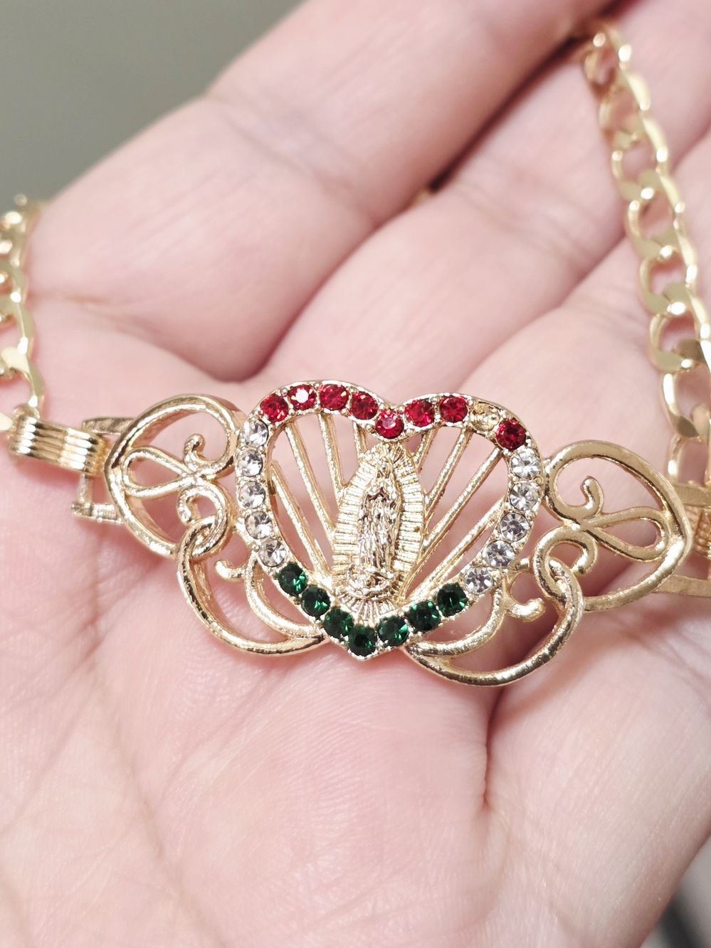 14k Gold Plated Heart Bracelet with Red, Green & Clear Stones